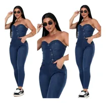Comprar Macacão Tomara Que Caia Jeans Feminino Liso Longo Laycra