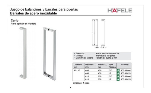 Imagen 5 de 7 de Manijón Recto 450 Mm Carlo Lt Hafele 903.03.074 Acero Inox.