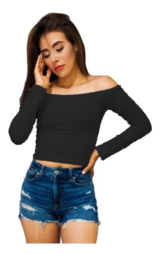 Croptop De Dama Al Hombro Manga Larga Mujer Ombliguera