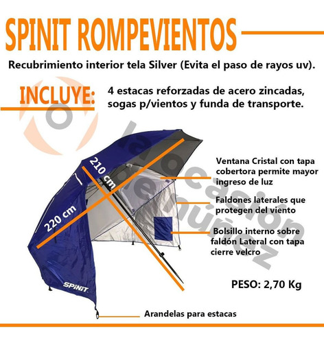 Carpa Sombrilla Rompeviento Spinit 220 Cm Reforzada Parasol