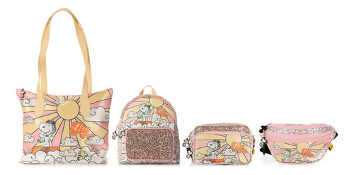 Set Snoopy Fly Fly Fly Peanuts 4 Piezas Coleccion Color Rosa Claro Diseño De La Tela Lisa