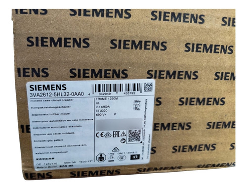 Disjuntor 3p 1250a 85ka 690v 3va2 3va2612-5hl32-0aa0 Siemens
