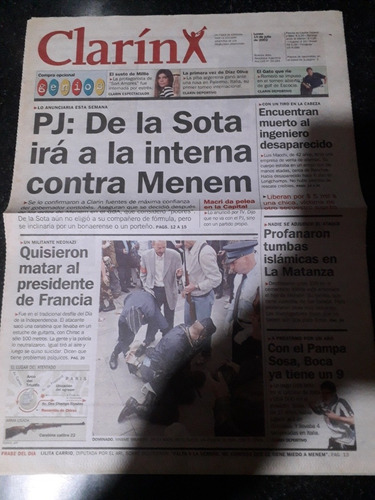 Tapa Diario Clarín 15 7 2002 De La Sota Pj Menem Boca (Usado)