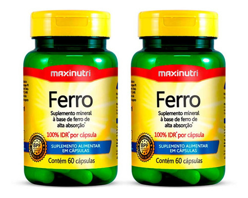 Kit 02 Ferro 100% Idr Com 60 Cápsulas Loja Maxinutri Sabor Sem Sabor