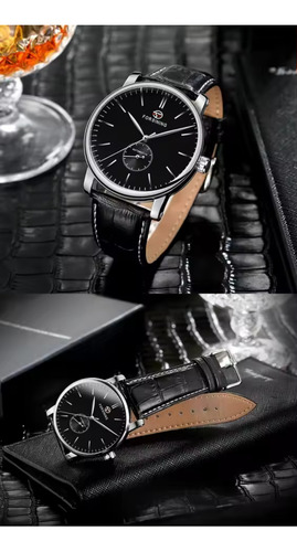 Reloj Automático Forsining Tm142 Silver Black Correa Piel Negro Plateado Negro