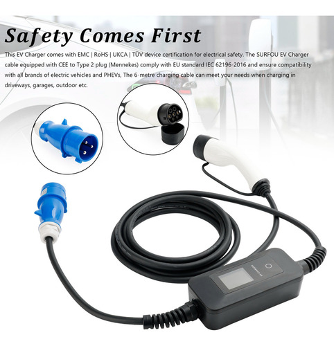 Cargador Cee De 3 Pines Tipo 2 Ev, Ajustable, 32 A, Digital,