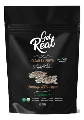 Cacao Amargo 100% En Polvo Organico Get Real 250 X Grs