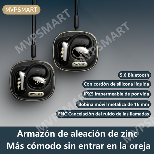 Audífonos Deportivos Open-ear Bluetooth Inalámbricos 9 Horas De Larga Duración De La Batería Mvpsmart W3 Negro, Con Micrófono Y Marco De Protección Metálico, Para Juegos, Uso Diario, iPhone Y Android