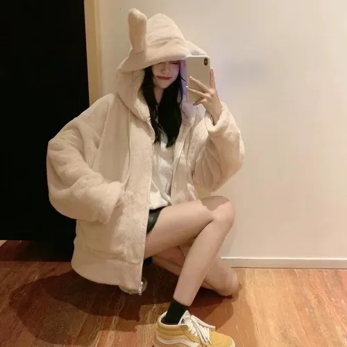 Chaqueta Tipo Sudadera Con Capucha Y Forro Polar Con Orejas De Conejo, Estilo Dulce Para Mujer