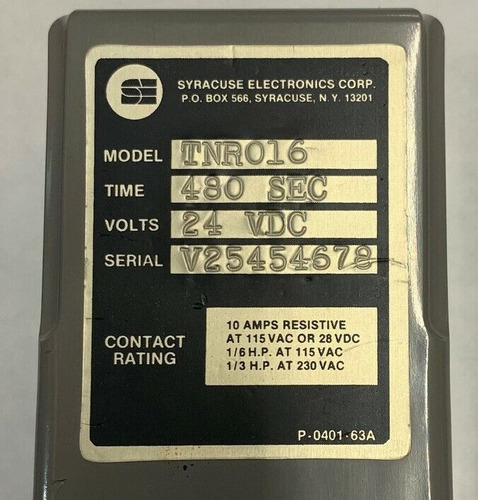 Syracuse Electronics Corp Tnr016 Relay 24vdc Time 480 Se Ssm
