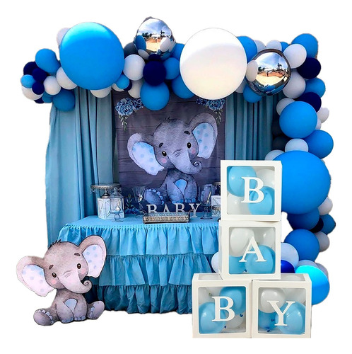 Arco Globos Azul Plateado Blanco + 4 Cubos Mobiliario