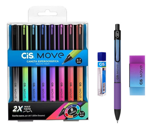 Kit Lapiseira E Caneta Move 0.7mm Azul/roxo Borracha Grafite