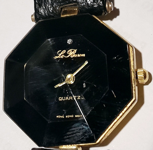 Reloj Le Baron Negro Dorado Octogonal Vidrio Facetado