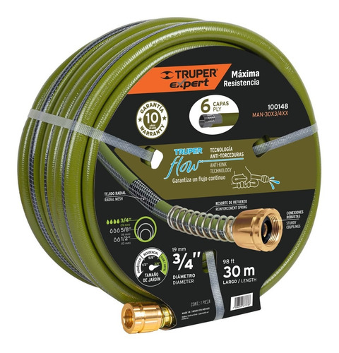 Manguera 3/4', Flujo Continuo 6 Capas, Conexiones met