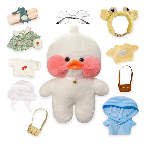 Pato De Peluche Con Disfraz Y Accesorios 30 Cm Blanco