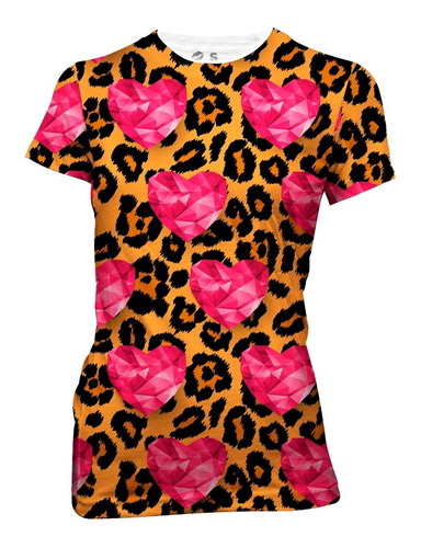 Playera Full Print Leopardo Corazones De Diamante Rosa 341