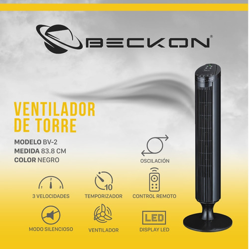 Ventilador De Torre Premium 84cm Control Remoto Beckon Color de la estructura Negro Color de las aspas Negro