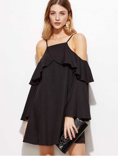 Vestido Con Volados Negro Y Hombros Descubiertos. Nuevo. Xs