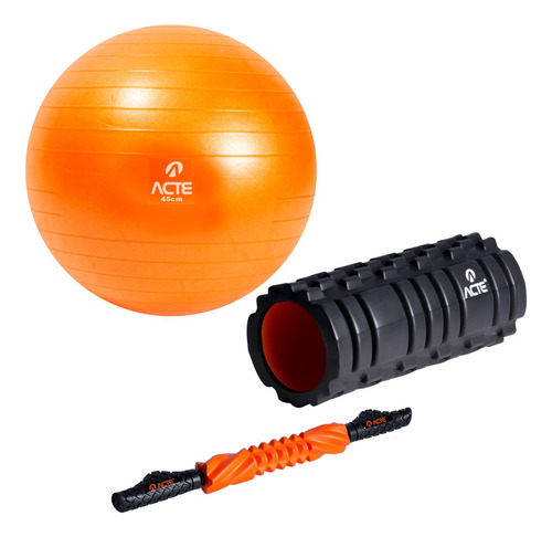 Kit Rolo De Massagem Bastão E Bola De Pilates Laranja Acte