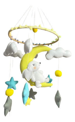 Movil Cuna Para Bebe En Fieltro Ratoncito Blanco/luna/nubes