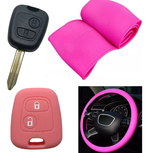 Cubre Volante + Funda Llave Silicona 2 Botones Peugeot Rosa