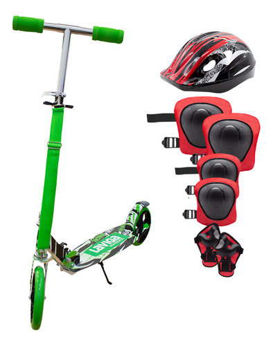 Scooter Patín Plegable Para Niñas Y Niños + Protecciones Color Rojo Grafiti Verde