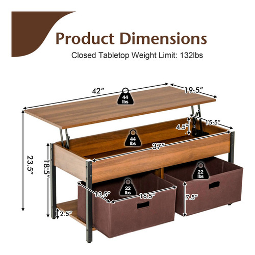 Mesa D Centro Elevable Con Cajones Y Compartimento Gpl Café