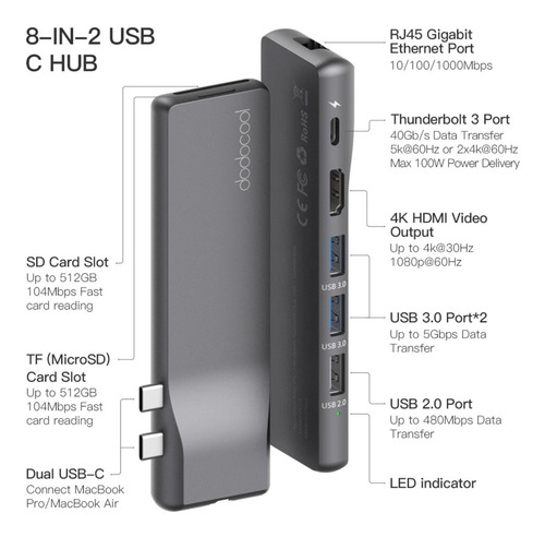 Imagem 3 de 6 de Hub Dodocool 8em2 Usb-c Multi Portas Usb-c Dc73gy