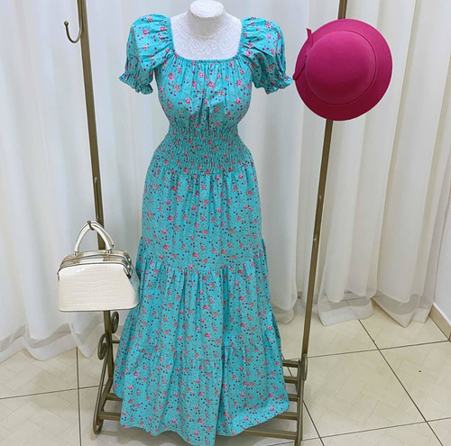 Imagem 6 de 7 de Vestido Longo Evasê Ciganinha Ombro A Ombro Azul