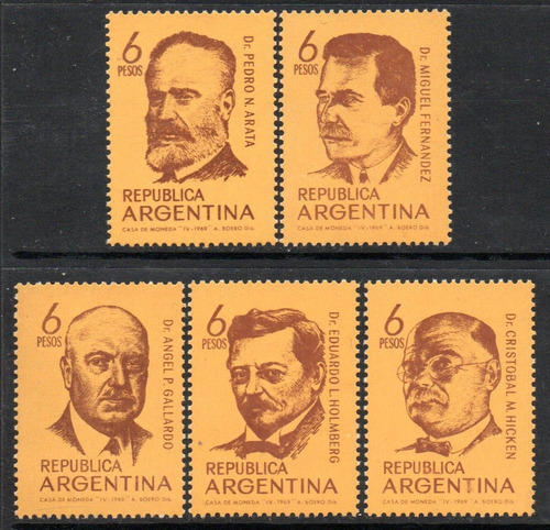 Argentina Serie X 5 Sellos Mint Hombres De Ciencia: P. Arata, M. Fernández, A. Gallardo, E. Holmberg, C. Hicken Año 1969