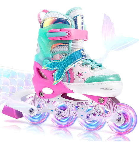 Patins Infantil Inline Sereia Ajustável Com Led Menina 37 À 40 [g] Rosa/verde