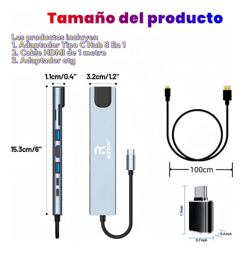 RIZZUP® Caviglte Tipo C Hub 8 En 1 Adaptador Usb C A Hdmi Con Ethernet