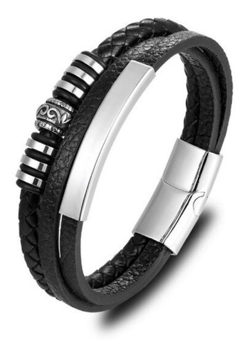 Pulseira Masculina Executiva Tribal Couro Prata Com Garantia