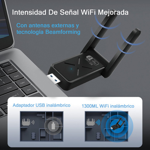 Antena Adaptador Wifi Usb3.0 Dual Band 2.4G 1300mbps