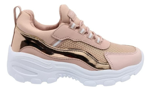 Coqueta Tenis Casual Para Niña En Beige Con Métalico Rosa