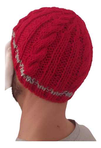 Gorro De Lana Tejido A Mano Artesanal Gr05 Único Adulto Rojo Carmín Rayado