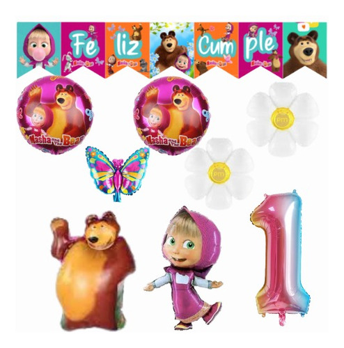 Set Combo De Globos Masha Y El Oso + Numero + Banderin