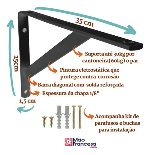 Mão Francesa Reforçada 35cm 50un Kit Suporte Para Prateleira