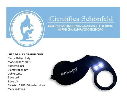 Imagen 3 de 3 de Lupa Galileo Alta Graduación Luz Led Y Luz Led Uv 40x 25mmø