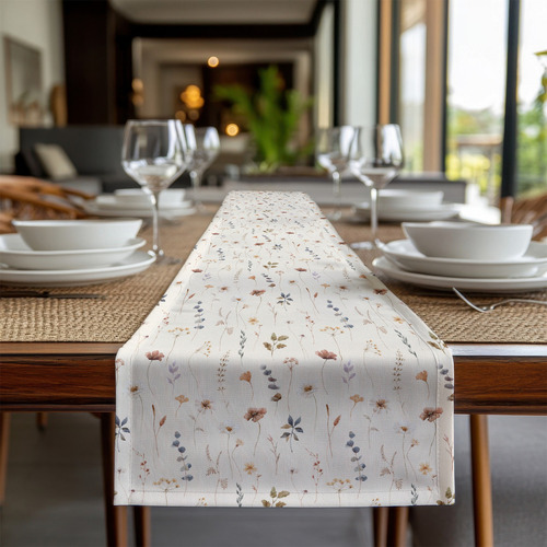 Camino De Mesa Flores Delicadas Lino Curri 35x180cm Color Tela Lino Curri