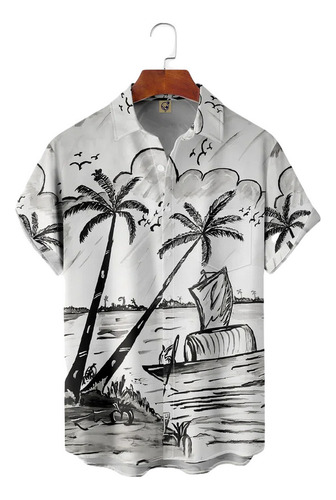 Camisa Hawaiana Unisex Coconut Tree Grey 2, Camisa De Playa