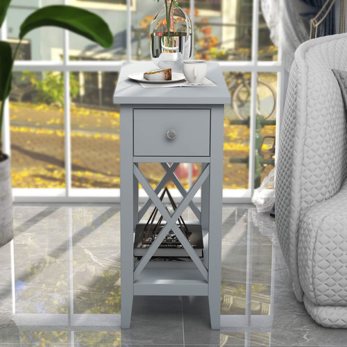 Mesa Auxiliar Abatible Mdf Con Cajón Color Gris Pequeña