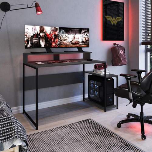Mesa Gamer Escrivaninha Quarto 3 Prateleiras Cinza Preto