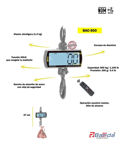 Imagen 3 de 4 de Bascula Colgante Digital 500kg Bac 500 Rhino Rbanda