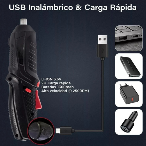 Destornillador Eléctrico Recargable Con Juego Herramientas Negro 50