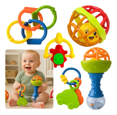 Kit Chocalhos 8 Peças P/ Bebê Mordedor Sensorial Coloridos Cor Co...