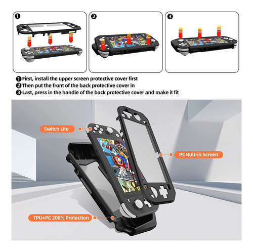 Dreamystore 3en1 el último traje de protección total, a prueba de agua, polvo y anticolisión, protector de pantalla integrado, la mejor sensación de la mano,Armour Funda Case Para Switch Lite Negro