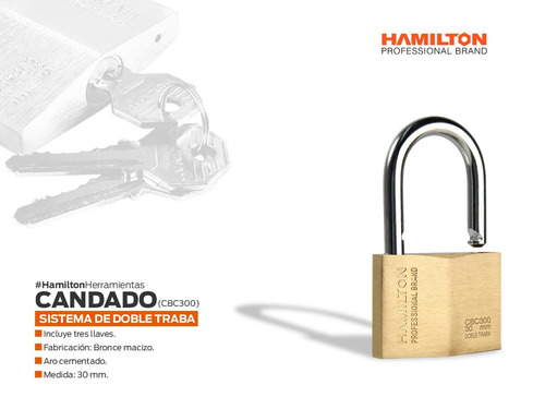 Imagen 2 de 6 de Candado Bronce 30 Mm Hamilton Con 3 Llaves Cbc300