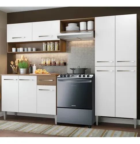 Cozinha Compacta​ Madesa Emilly Pop Armário Balcão Paneleiro Cor Branco Marrom Marrom/branco