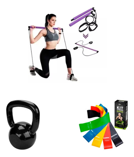 Kit Agachamento Kettlebell 8kg + Barra Elástica + Bands